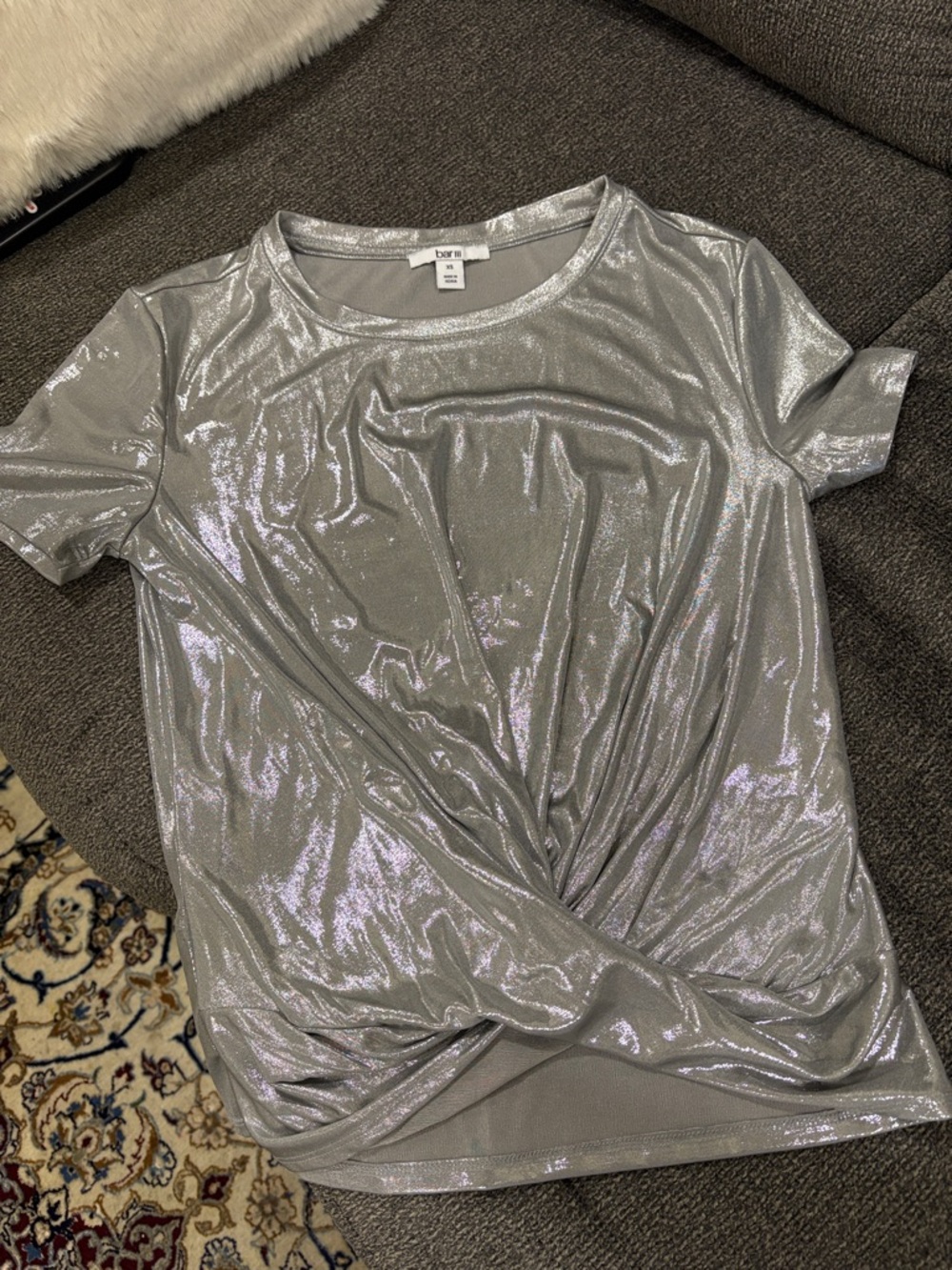 Bar III Silver Metallic Twist-Front Short Sleeve Tee